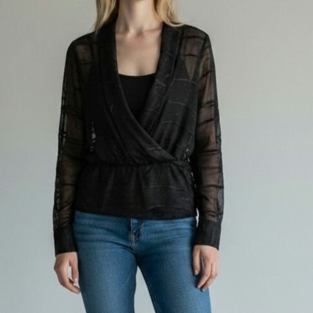 Donna Karan New York Sheer Wrap Blouse Black Mesh Abstract Pattern Size M
